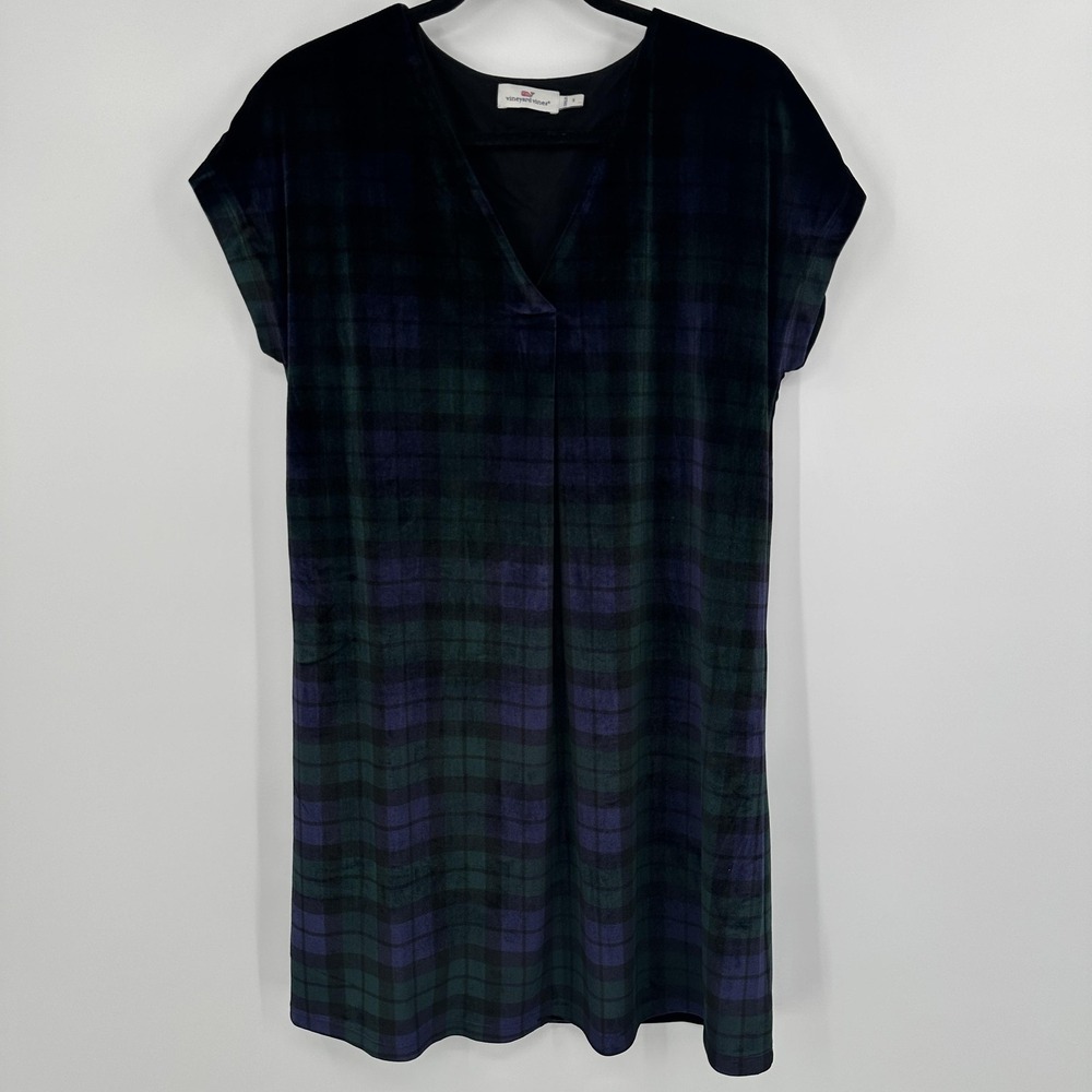 Vineyard Vines Dress Womens Small Blackwatch Plaid Velvet Short Sleeve Green Blu